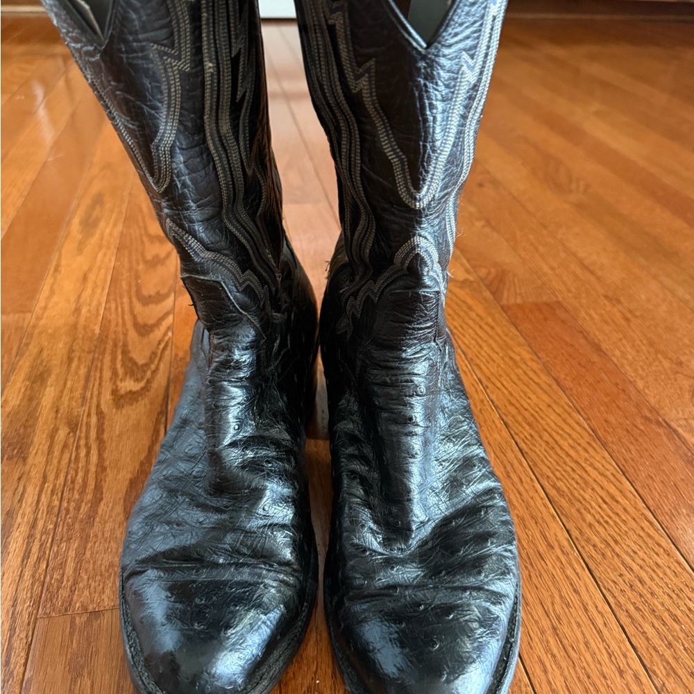 Ostrich Panhandle Slim Black Leather Boots